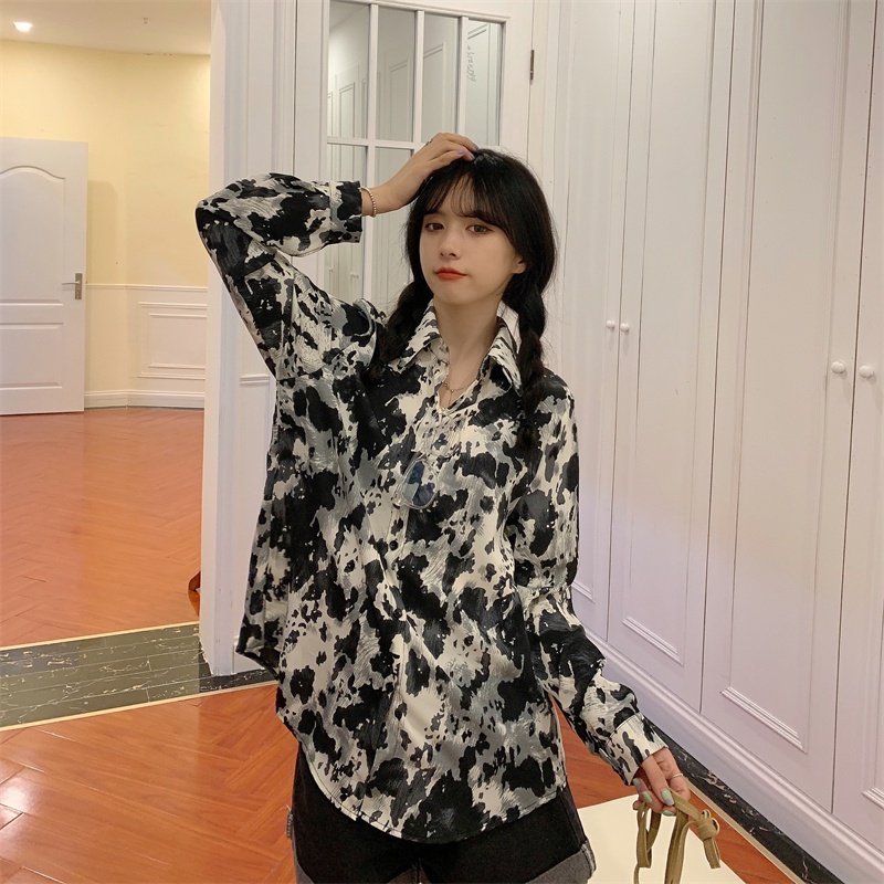 【ZHELIHANGFEI】Áo Sơ Mi Tay Dài Form Rộng Họa Tiết In Theo Phong Cách Retro Dễ Phối Đồ