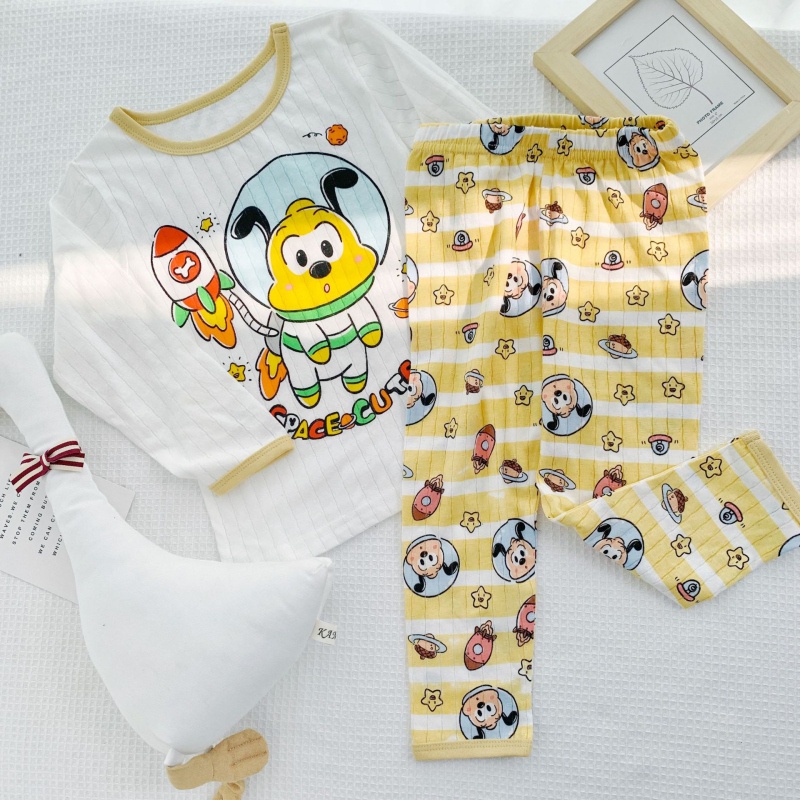 Bộ Đồ Cotton Dài Tay Thoáng Khí Họa Tiết Hoạt Hình Xinh Xắn Dành Cho Bé