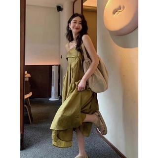 Đầm voan tơ lụa màu xanh bơ đậm nữ rớt vai