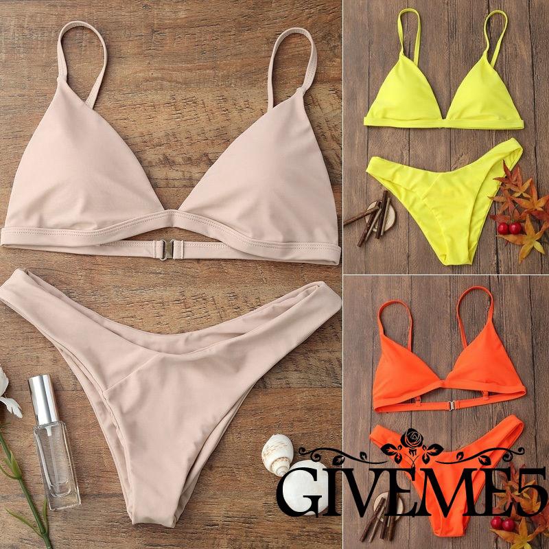 Bộ áo tắm dây mảnh có mút đệm nâng ngực kèm quần bơi kiểu G-string màu trơn quyến rũ cho nữ chất liệu polyester