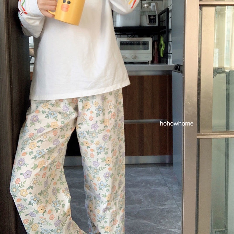 Quần dài ống rộng cạp cao họa tiết hoa phong cách Hàn Quốc thời trang trẻ trung