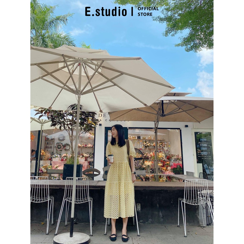 Đầm ren đục lỗ tay bồng E.studio tone màu mùa hè, form rộng thoái mái