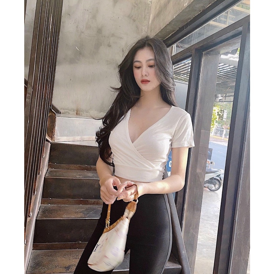 Áo kiểu croptop đắp chéo ngực trơn cực xinh , chất thun bozip mềm mịn ( ảnh thật )