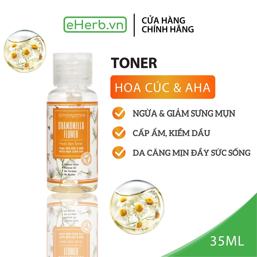 Nước hoa hồng toner hoa cúc & aha 5% ngừa mụn, kiềm dầu dành cho da dầu mụn MILAGANICS 35ml