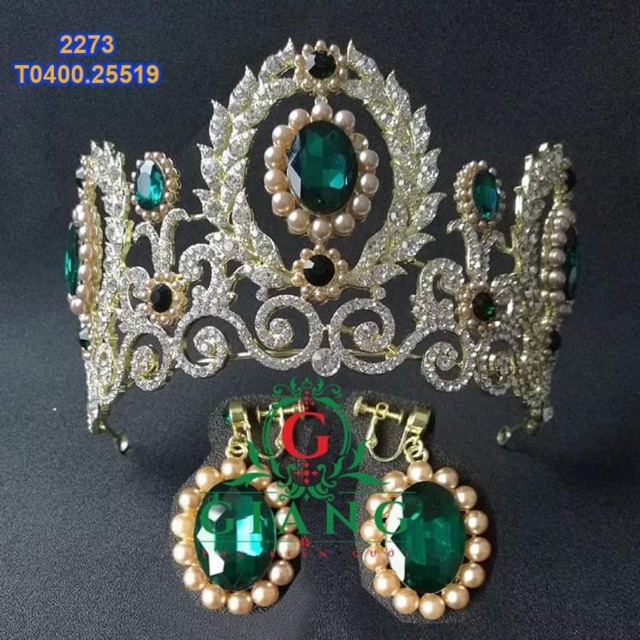 Vương miện cô dâu dáng to hạt xanh lá