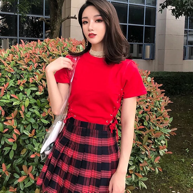 Áo Croptop Tay Ngắn Đan Dây Sườn