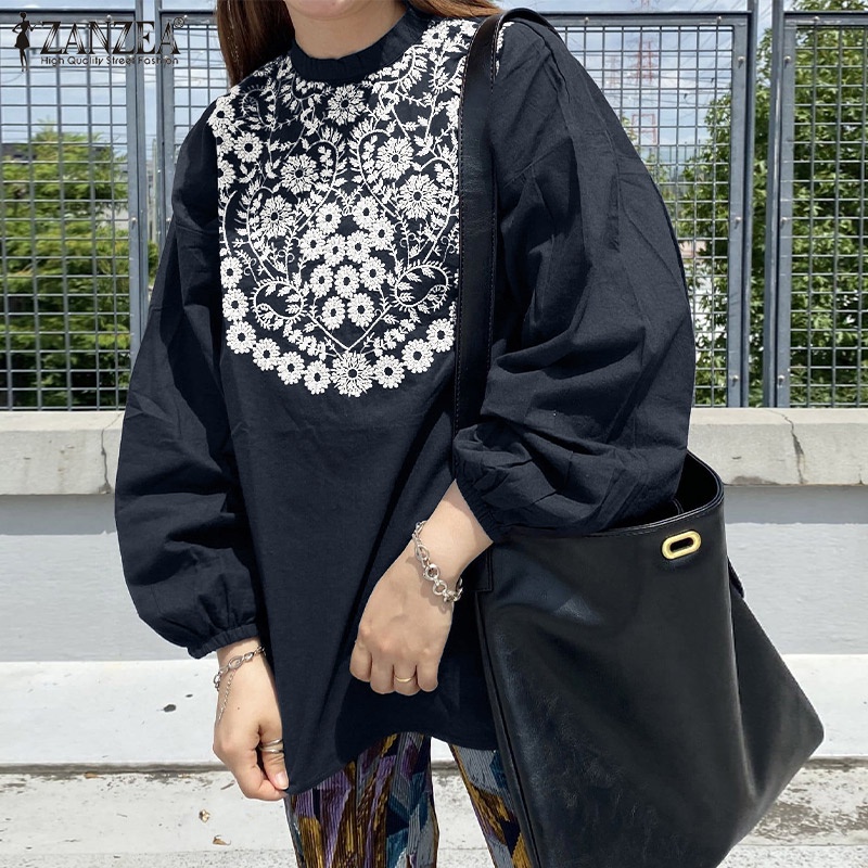 Áo kiểu ZANZEA vải cotton tay dài họa tiết thêu hoa giản đơn kiểu cổ điển cho nữ