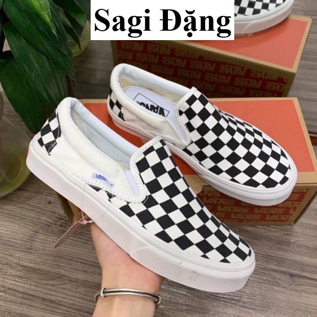 Giày lười van caro thể thao slip on kẻ sọc, giày mọi vải canvas nam nữ full box