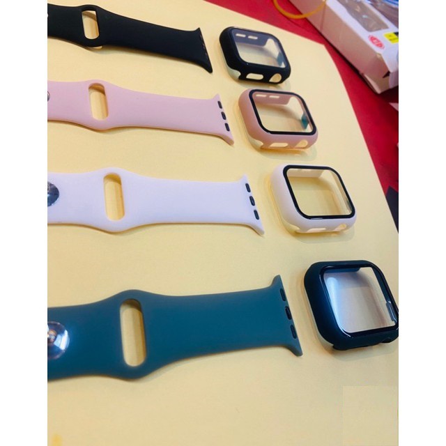 Combo Dây cao su + ốp dán mặt apple watch bảo vệ 360 độ 4 màu seri 1 2 3 4 5 38mm 42mm 40mm 44mm