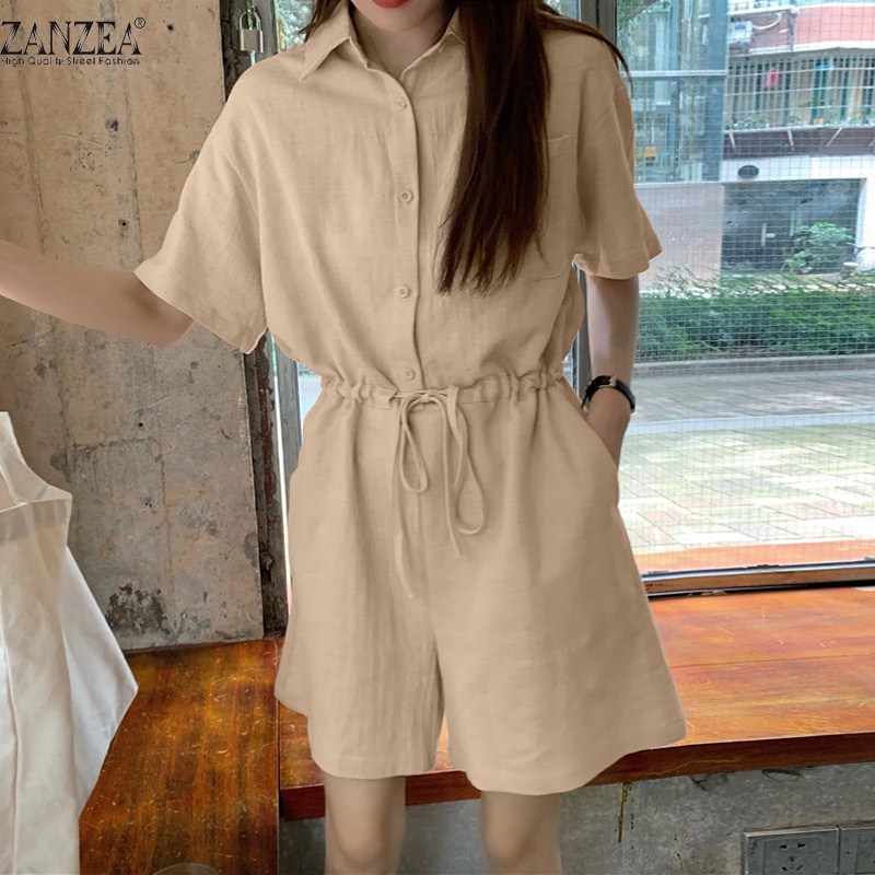 Áo liền quần ZANZEA tay ngắn dáng rộng màu trơn phối dây rút phong cách thời trang dạo phố cho nữ