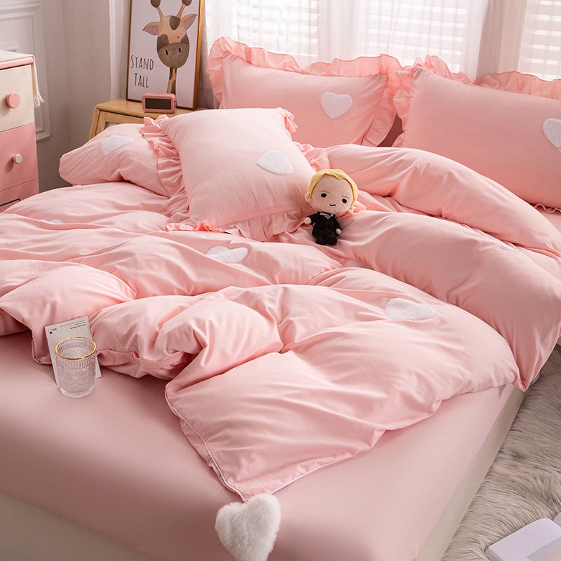 Ins net red washed cotton four piece set Korean princess style girl's beloved quilt cover bed sheet bedding