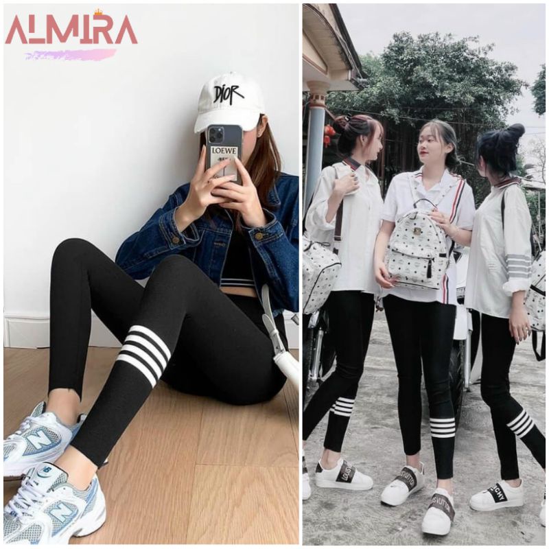 Quần Legging 4 Vạch Ống Hottrend, Quần legging Nữ Màu Đen Mặc Nhóm