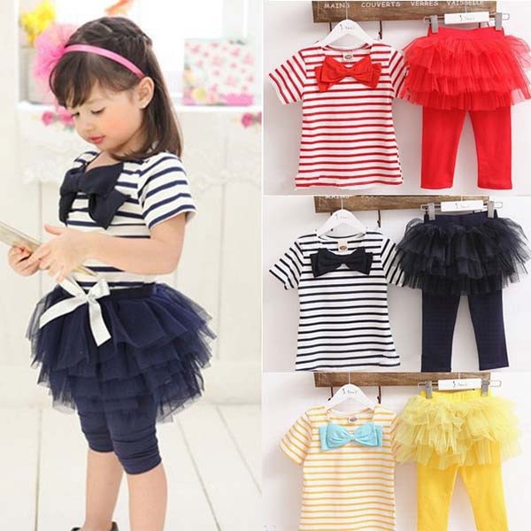Set áo thun kẻ sọc ngang đính nơ + quần dài giả váy nhiều tầng phong cách cho bé gái