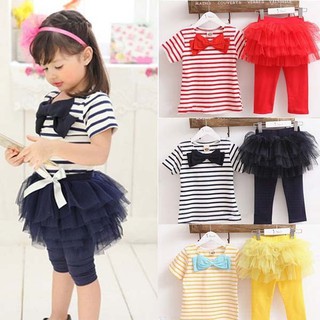 Set áo thun kẻ sọc ngang đính nơ + quần dài giả váy nhiều tầng phong cách cho bé gái