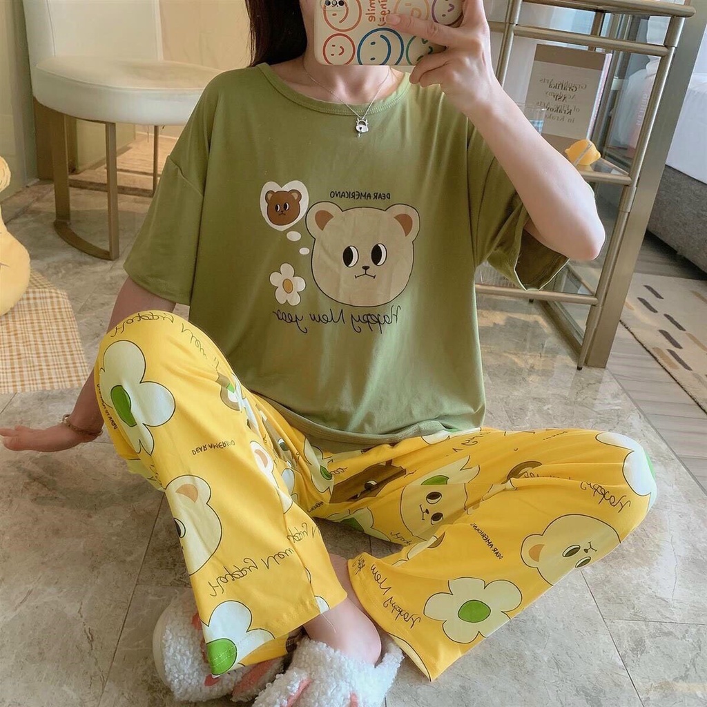 Đồ bộ nữ in hình mặt gấu cute tay ngắn+ quần dài chất liệu THUN LẠNH 3D dưới 55kg kiểu dáng xinh xắn đáng yêu-Mã056