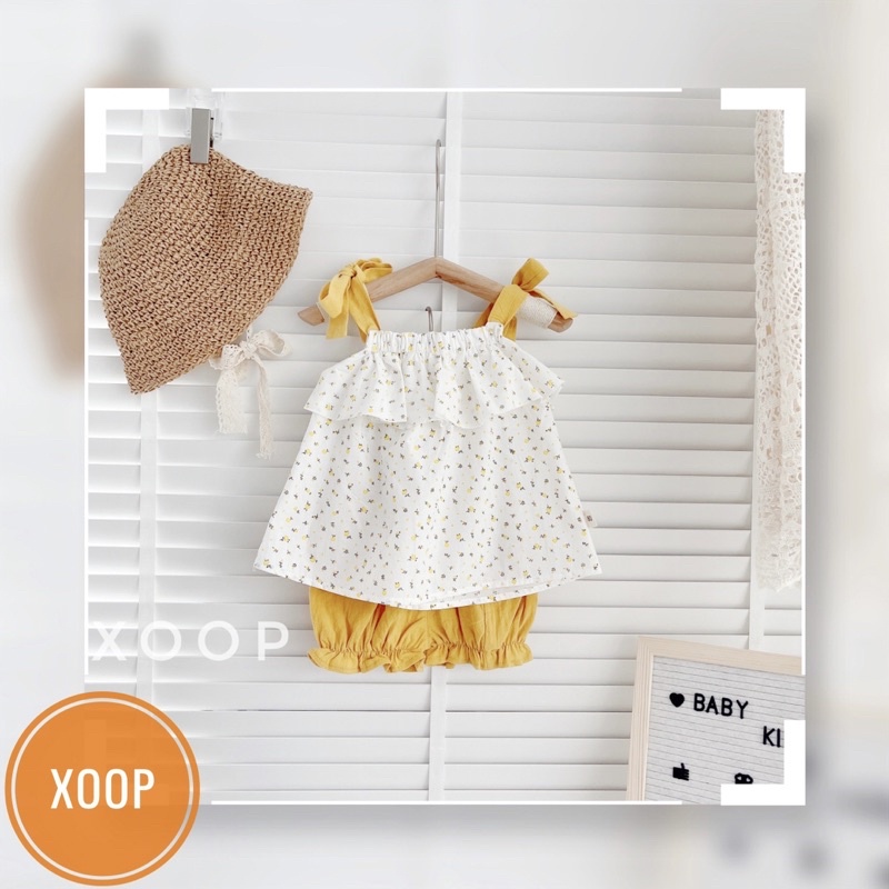 Bộ cộc thô  hoa nhí 2dây buộc nơ cho bé gái