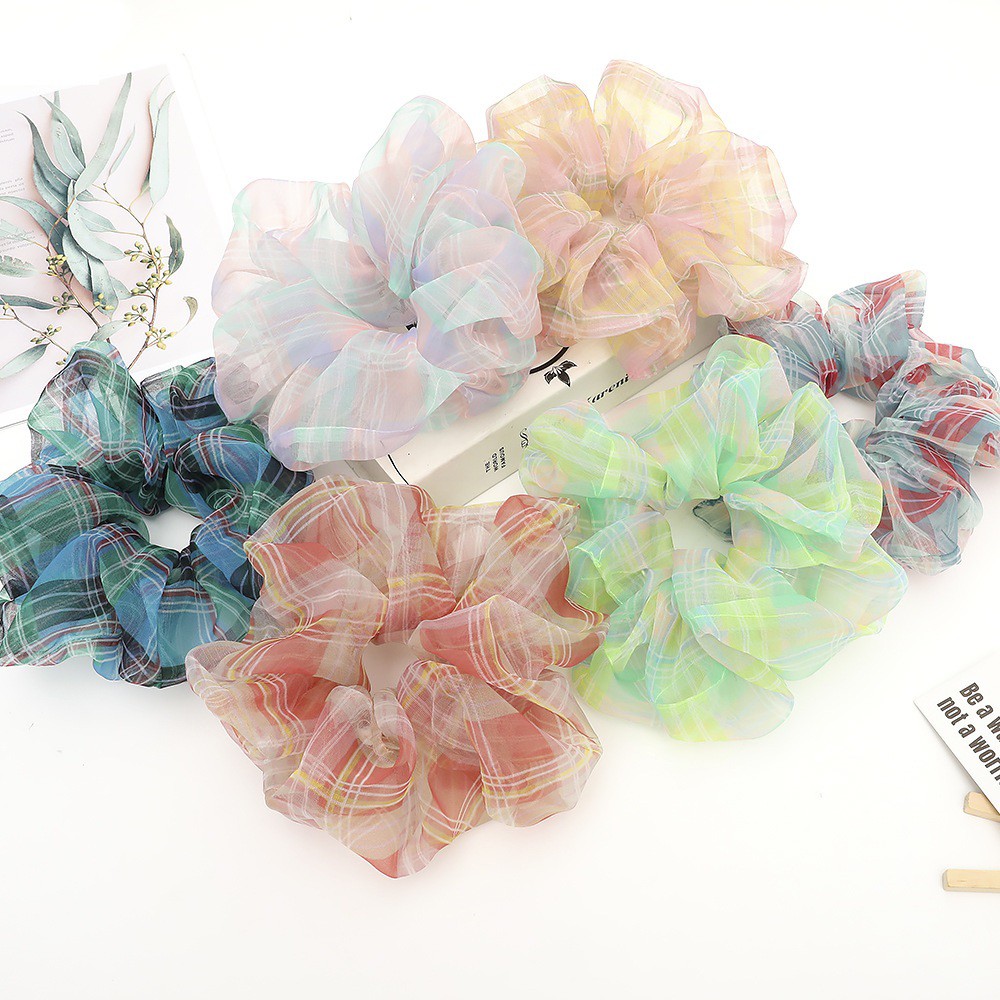 Cột Tóc Scrunchies Vải Lưới Mờ Caro Size To Xinh Xắn - Vani Store [PKT00120]