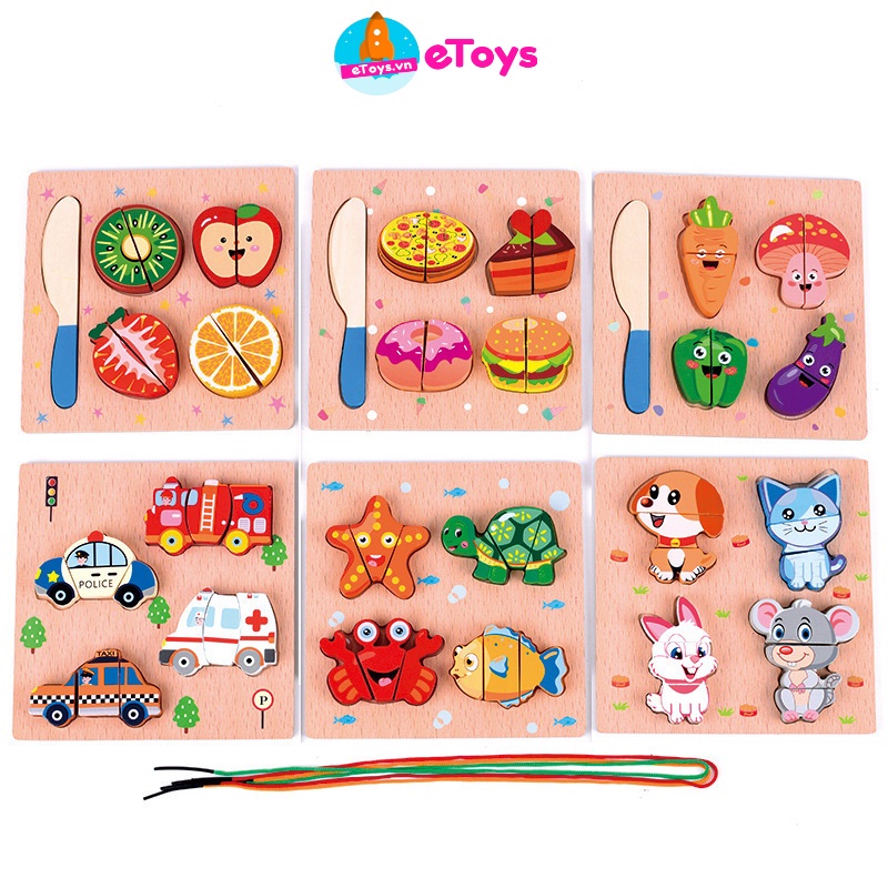 Xếp hình cho bé bằng gỗ nổi 3D nhiều hình sinh động kèm dao cắt hoặc dây xâu cho trẻ phát triển tư duy và khéo léo ETOYS