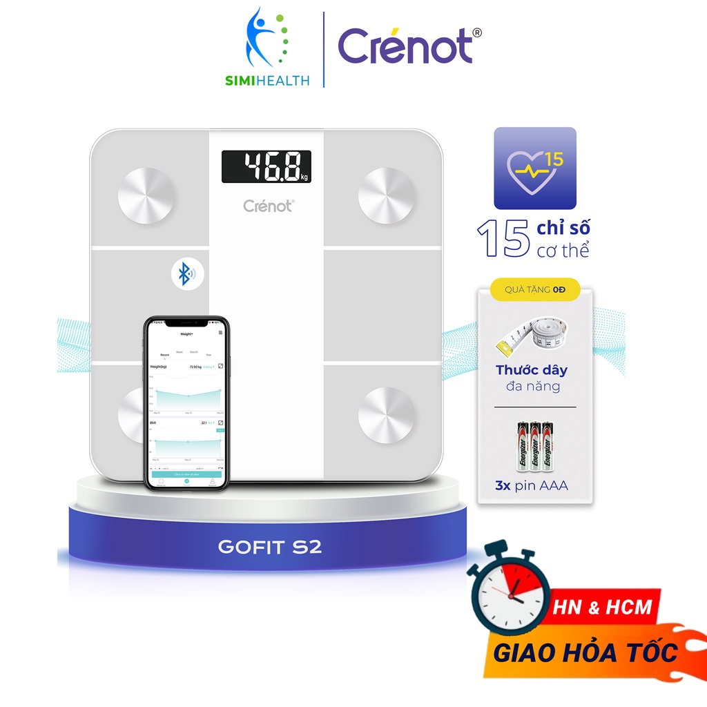 Cân Sức Khoẻ Điện Tử Thông Minh 15 Chỉ Số Crenot Gofit S2 kết nối bluetooth đo phân tích mỡ béo cơ thể body fat scale