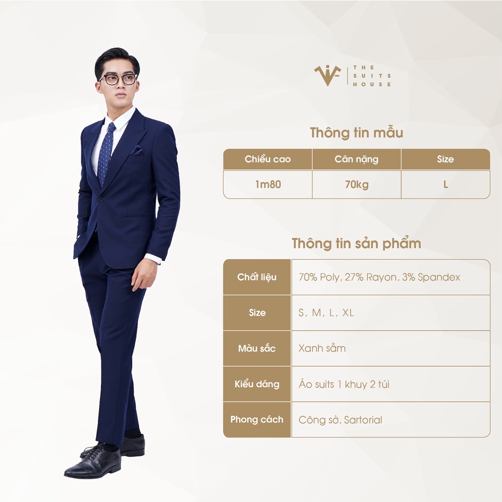 Bộ vest nam xanh sẫm, suits sartorial, 1 khuy 2 túi, form ôm The Suits House