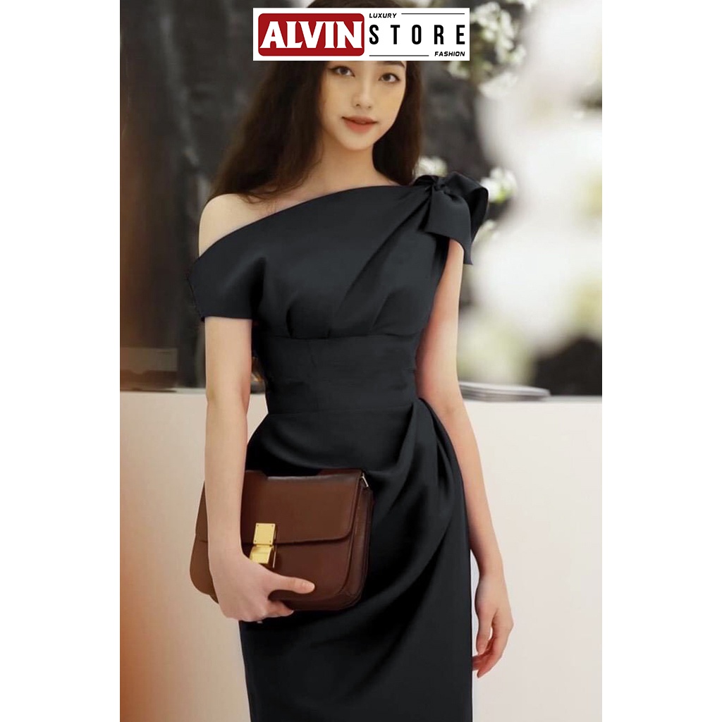 Đầm Ôm Body Lệch Vai Kèm Nơ Thiết Kế Xếp Ly Bụng Phong Cách Sang Trọng Alvin Store 0898