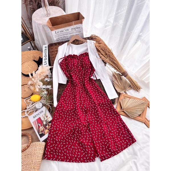 Đầm hoa nhí đỏ kèm áo khoác Cardigan | BigBuy360 - bigbuy360.vn