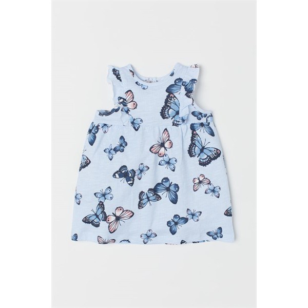 Váy HM Xanh hình bướm Ruffled Dress 6-9M Light blue/butterflies