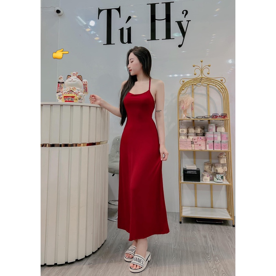 Đầm 2 dây dáng xòe dài hở lưng 1 dây đứng sexy , chất thun lụa mềm mịn