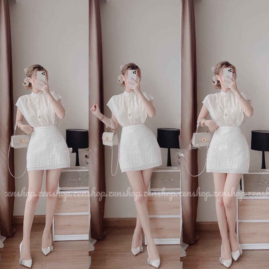 Set đồ dạo phố chân váy & áo cổ tròn tay cánh tiên phối nút đáng yêu - ỎRIN Dress