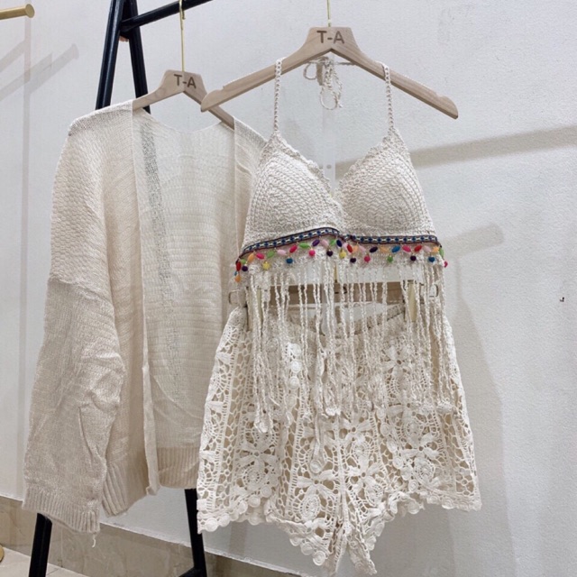 Set biển - set 3 món - bra tua rua dài + quần ren xẻ vạt sexy + choàng len mỏng hot hit ( có tách rời )