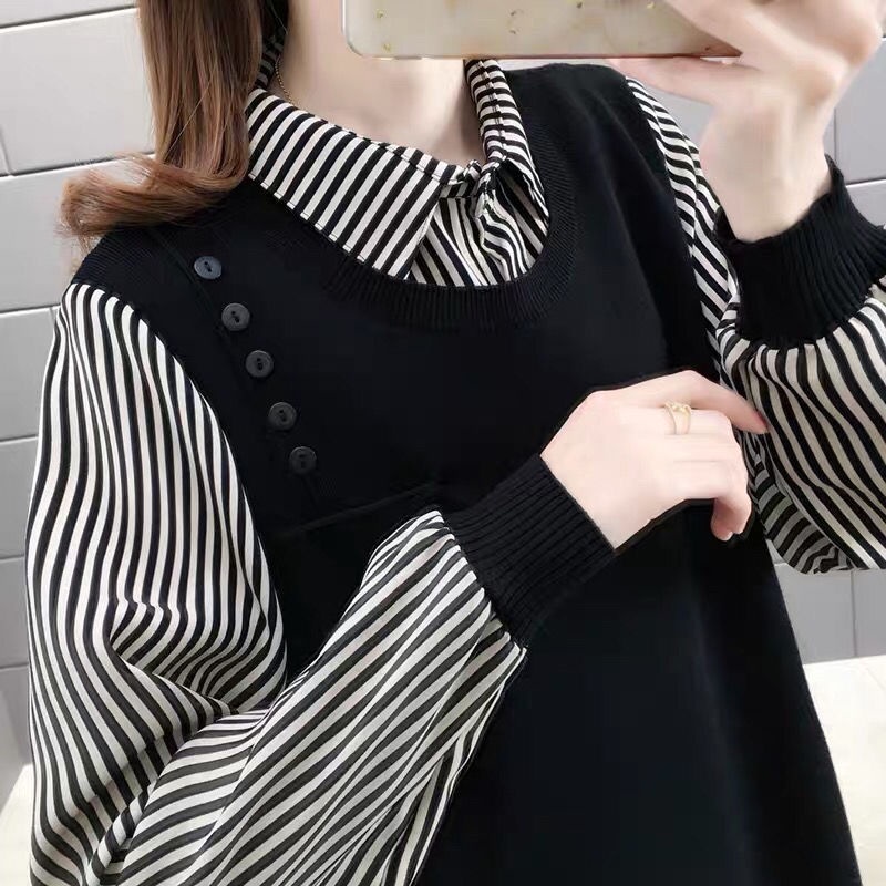 Áo Khoác Sweater Giả Hai Mảnh Dáng Rộng Thời Trang Mùa Đông 2022 Cho Nữ