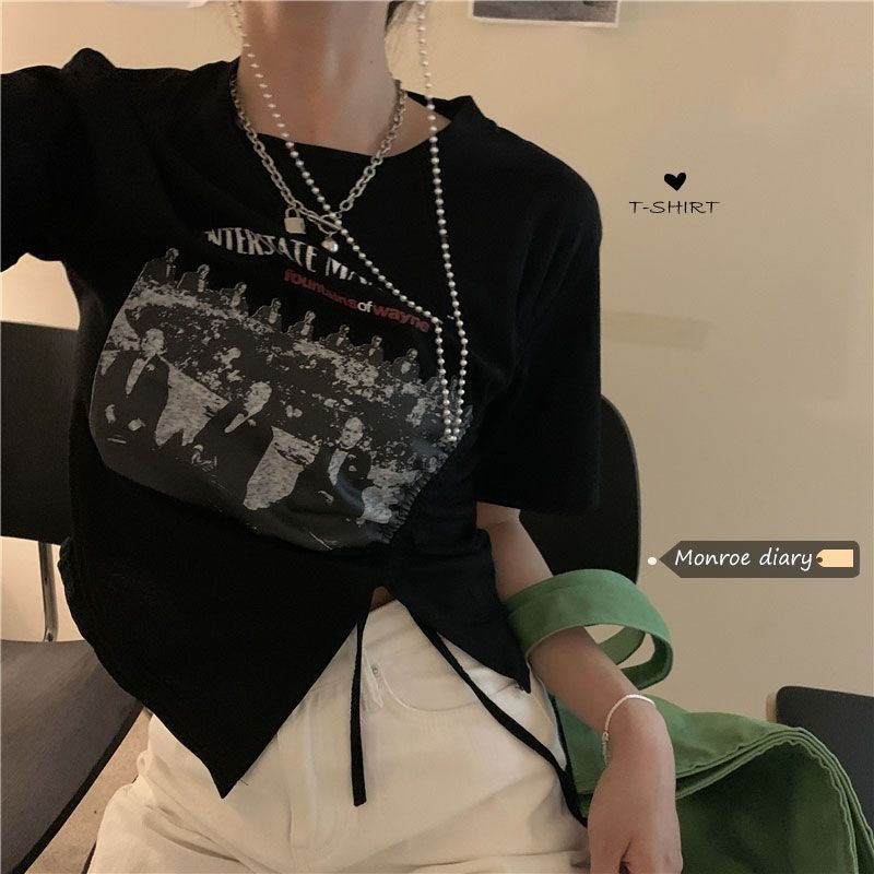 Áo thun ngắn tay màu đen thiết kế dáng rộng thời trang cho nữ