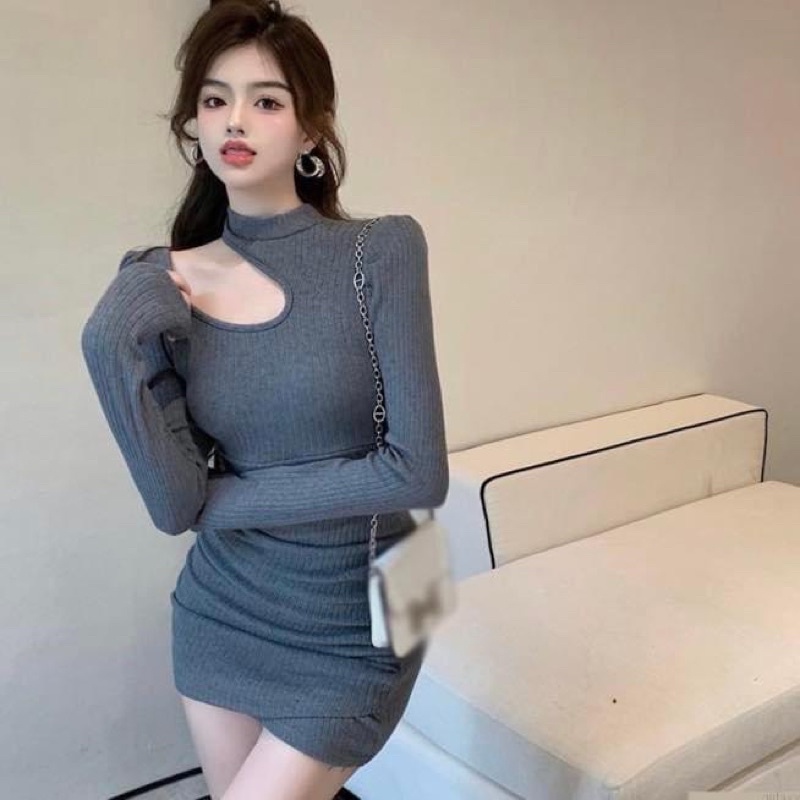 Đầm kiểu ngắn nữ cut out khoét vai tay dài ôm sát body co dãn trơn tiểu thư - Order taobao quảng châu