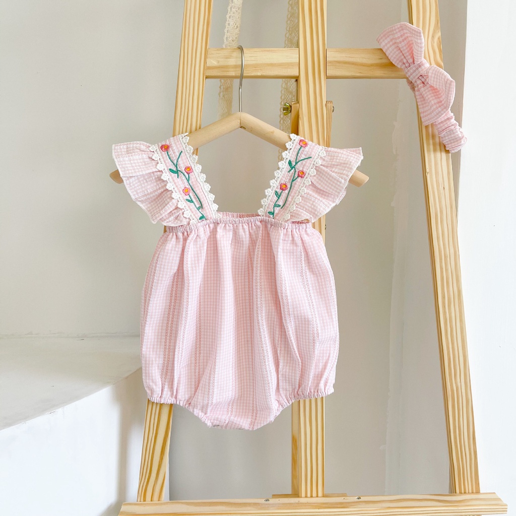 Bộ áo liền quần cổ vuông không tay họa tiết sọc caro + băng đô dành cho bé gái sơ sinh