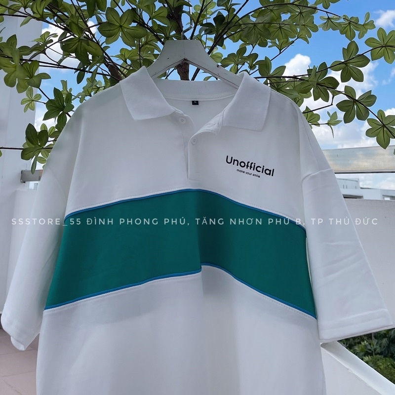 Áo thun POLO Unofficial màu trắng phối xanh form rộng unisex nam nữ