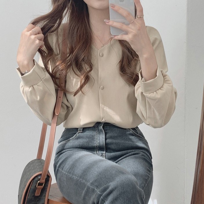Áo Sơ Mi Tay Dài Cổ Chữ V Màu Trơn Dành Cho Nữ 38597