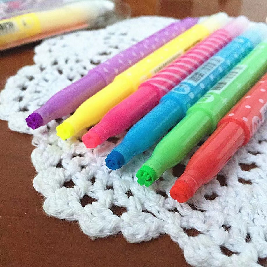 Bút dạ quang 6 màu highlight hai đầu pastel in hình dễ thương, bút đánh dấu nhớ dòng cute nhiều màu marker dễ thương