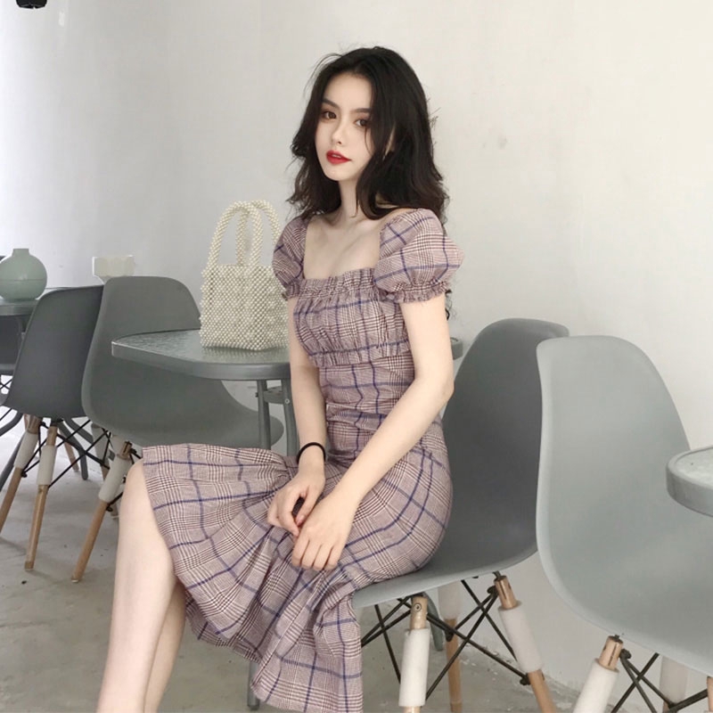 Đầm Đuôi Cá Cổ Vuông Họa Tiết Sọc Caro Phong Cách Retro | BigBuy360 - bigbuy360.vn