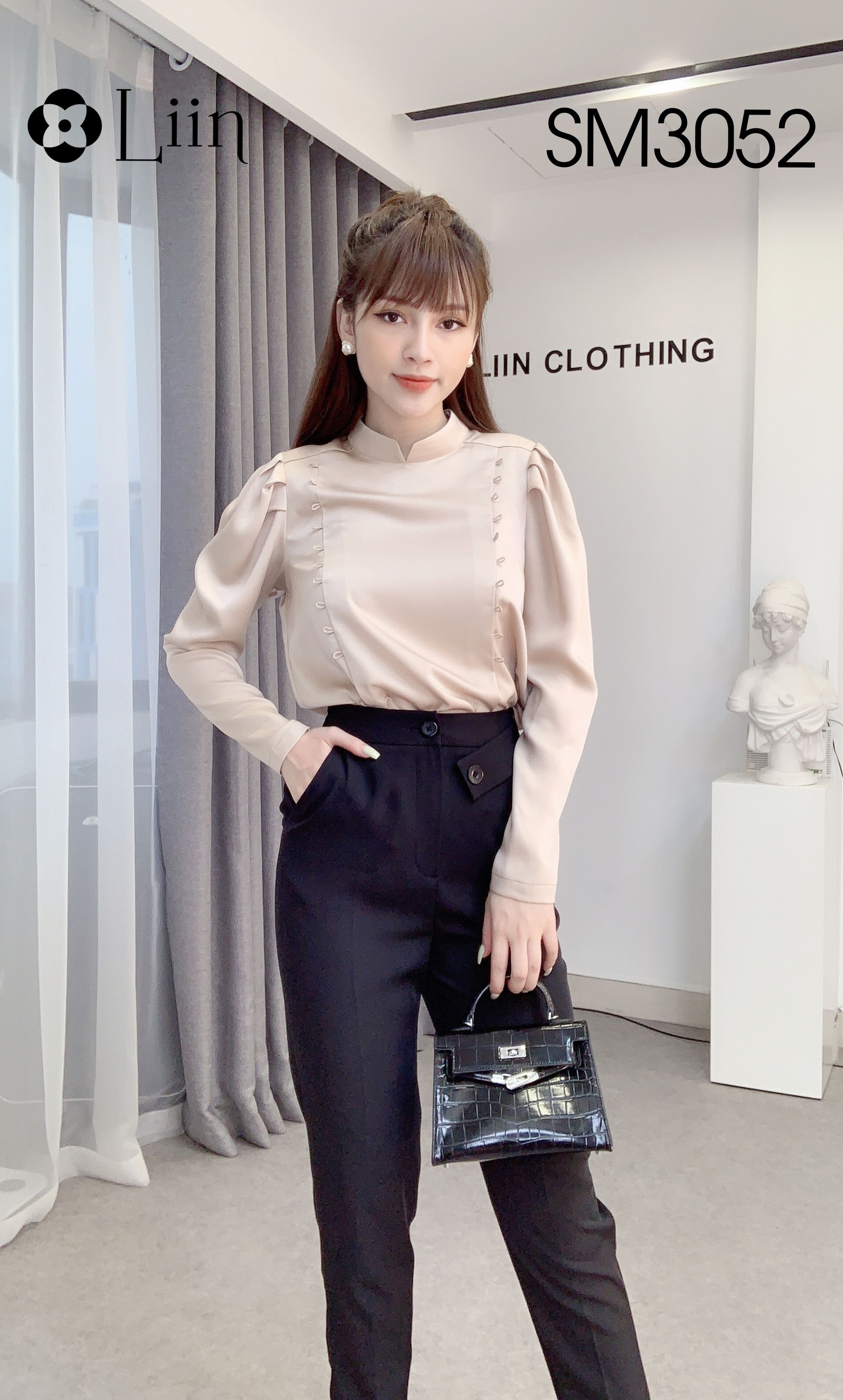 Áo kiểu nữ dài tay đính 2 Hàng Cúc cách điệu cổ tròn Liin Clothing SM3052