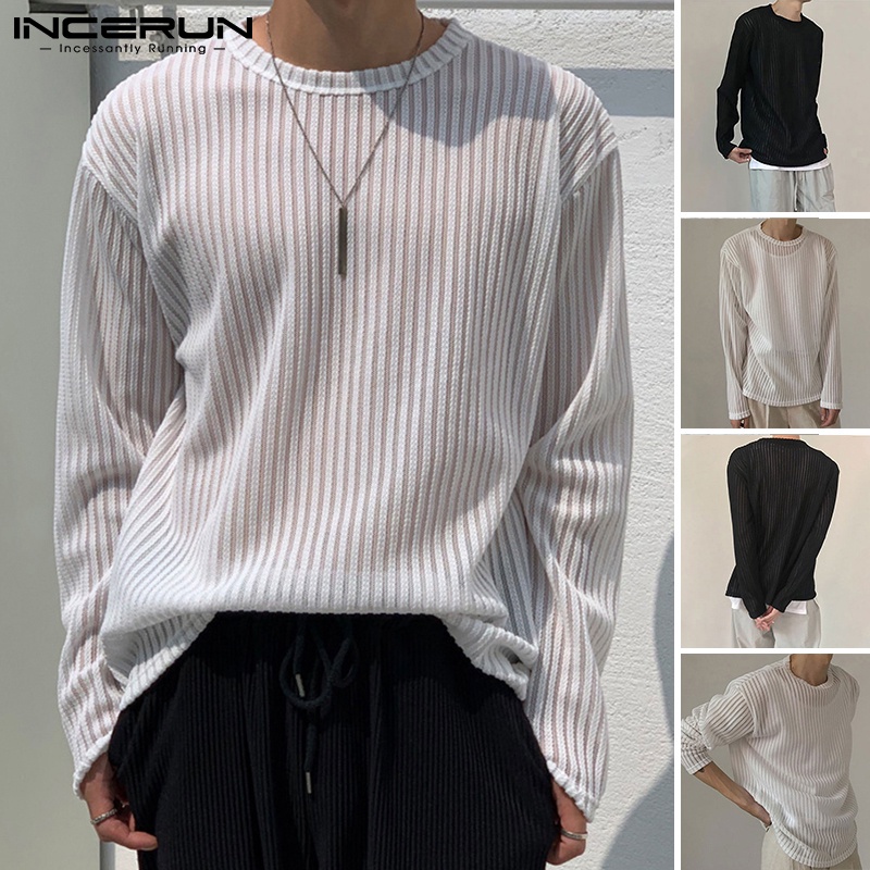 Áo Thun INCERUN Dành Cho Nam Thiết Kế Cổ Tròn Họa Tiết Kẻ Sọc Tay Dài Màu Trắng/ Đen