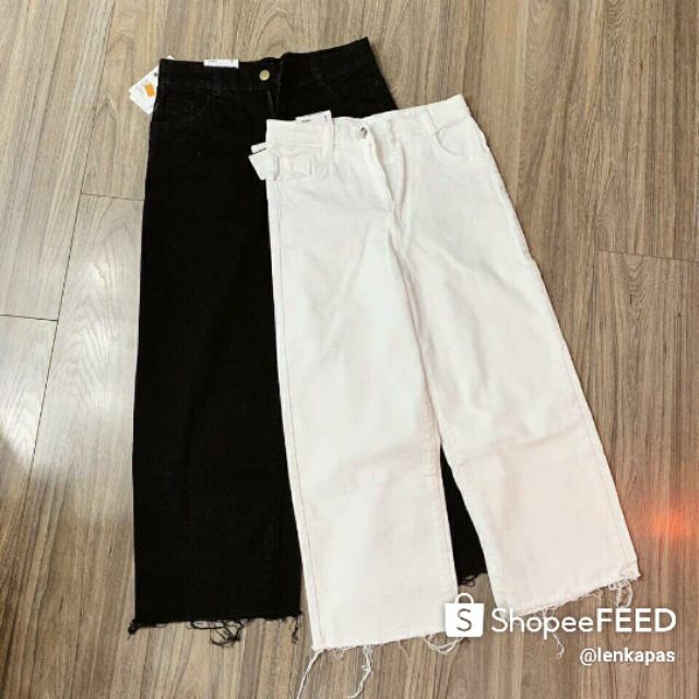 Lenkapas - Quần Ulzzang Kaki Jeans ống rộng lưng cao - hình thật trải sàn