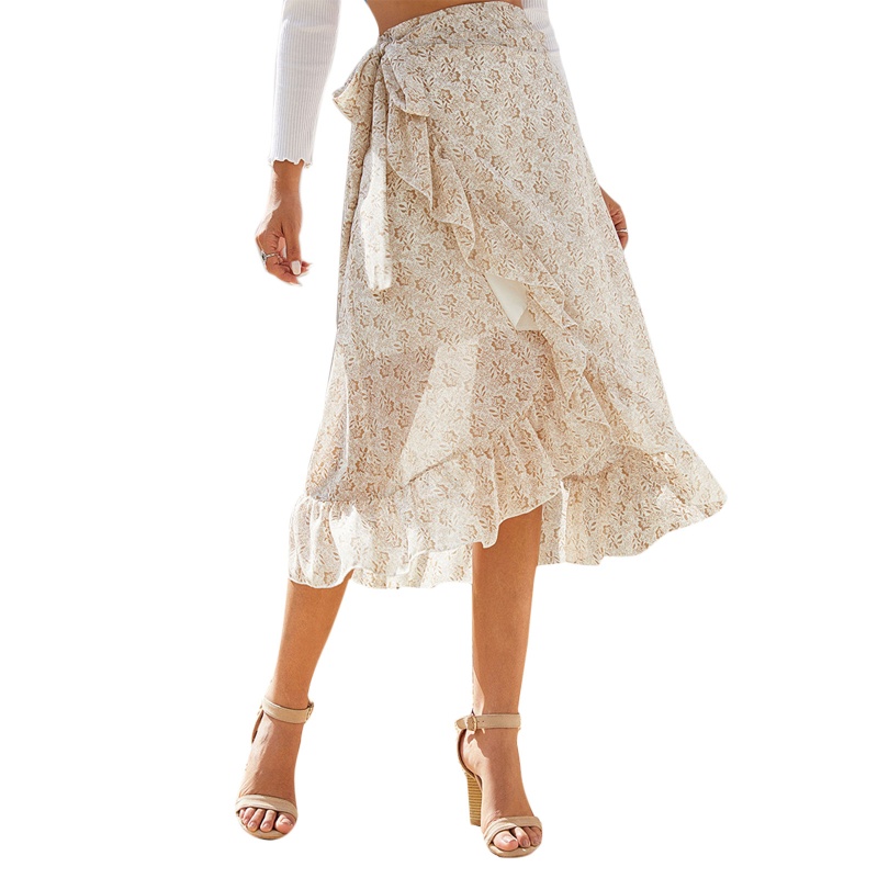 Chân Váy Midi Dài Dáng Chữ A Lưng Cao In Họa Tiết Hoa Phối Bèo Và Thắt Nơ Xinh Xắn Thời Trang Mùa Hè Cho Nữ