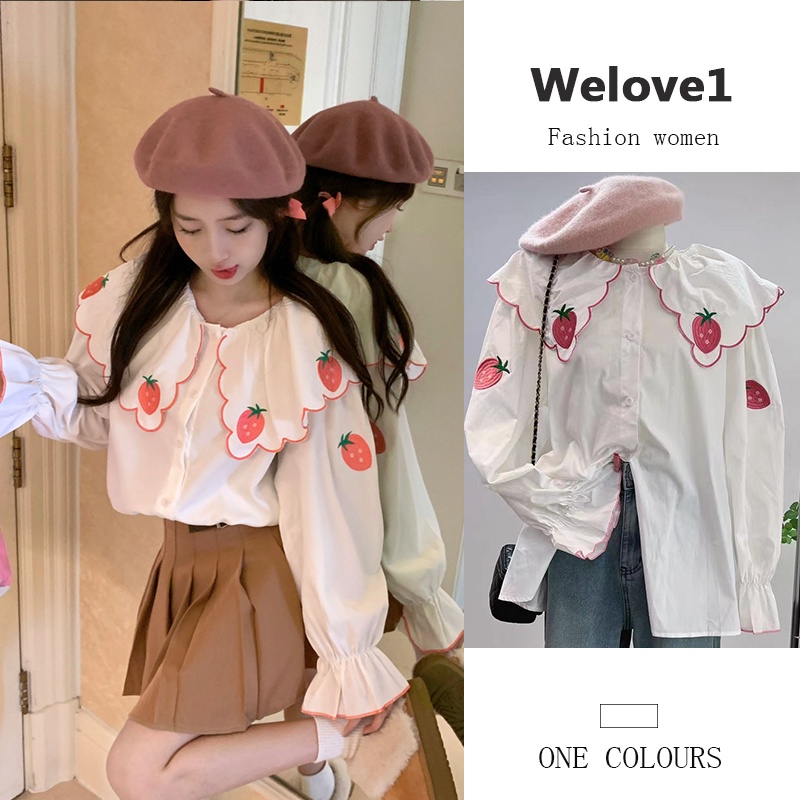 Áo Sơ Mi Trắng Cổ Búp Bê Họa Tiết Thêu Dâu Tây Phong Cách Hàn Quốc Ngọt Ngào