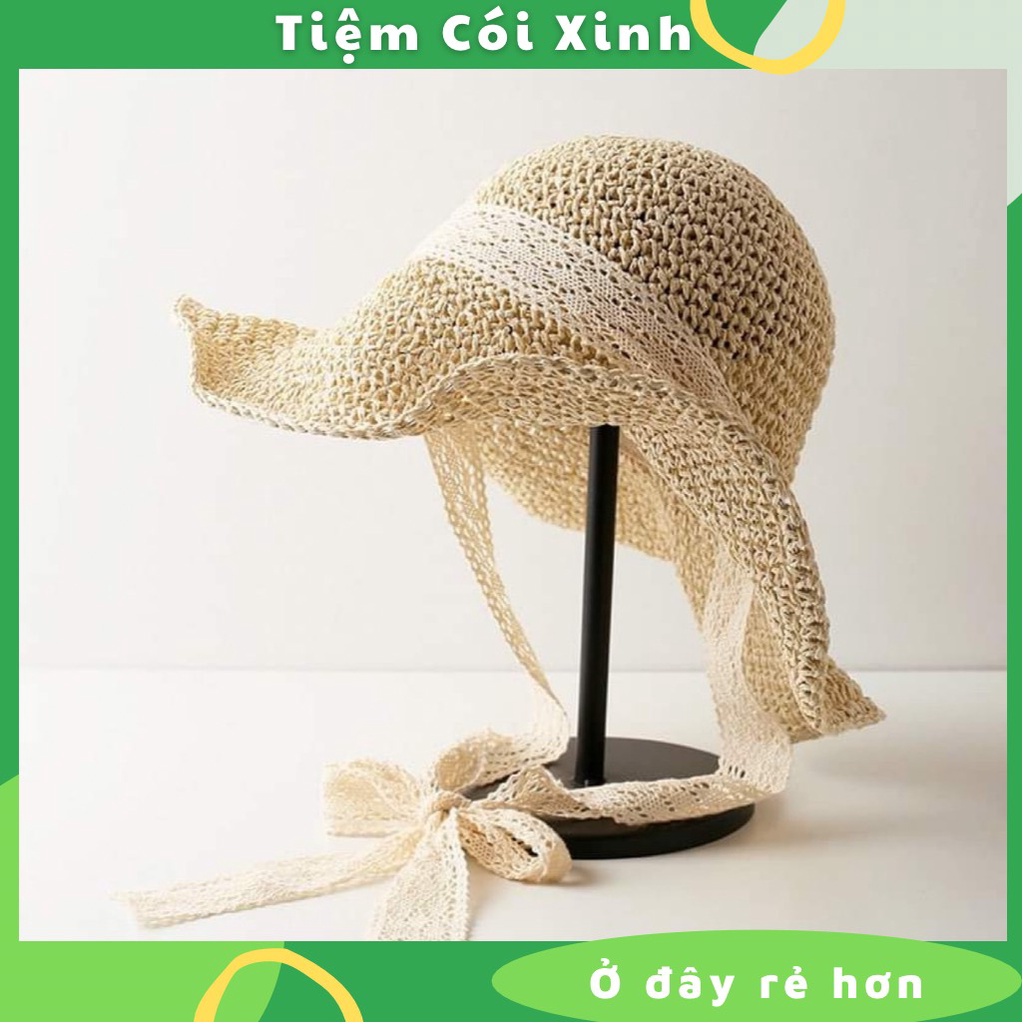 Mũ cói dây ren dài buộc nơ viền gọng kim loại uốn cong (đắt hơn loại dây ren ngắn)