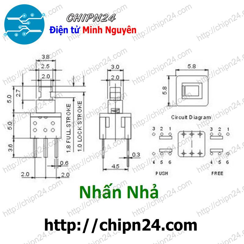 [5 CÁI] Nút nhấn 6 chân 5.8x5.8mm Nhấn Nhả