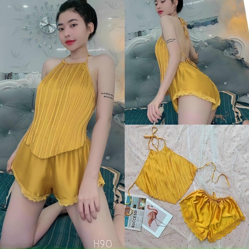 [BIGSIZE 70Kg] Đồ Ngủ bigsize sexy - Yếm ngủ dập ly phi lụa -kèm quần ren gợi cảm