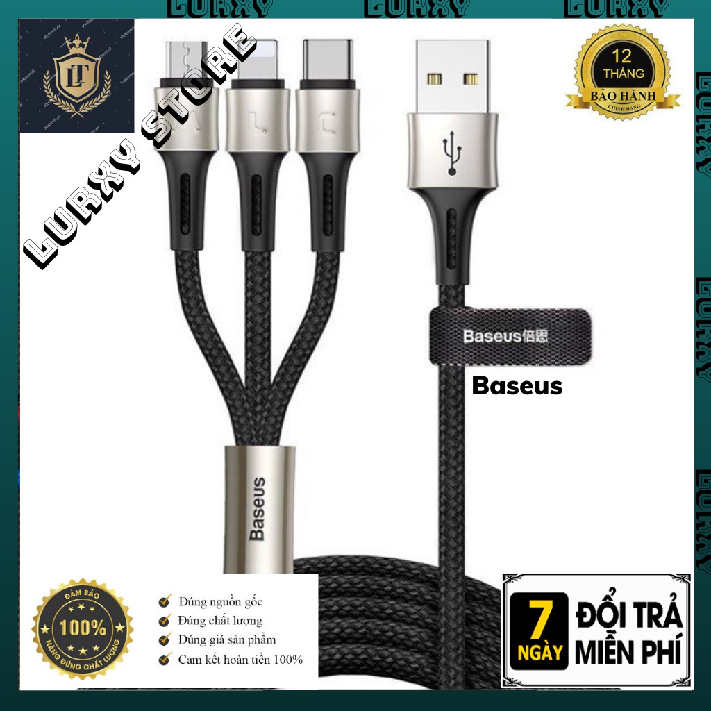 Cáp Sạc 3 Đầu Baseus 3in1 Cable 3.5A MAX LARGE CUREN - Bảo Hành Chính Hãng 12 Tháng