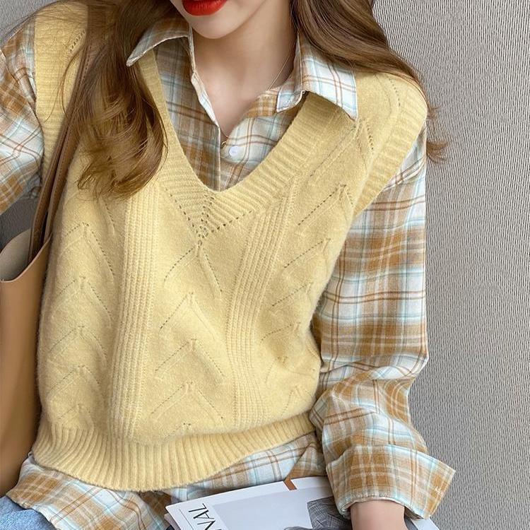 Áo len không tay cổ chữ V dáng rộng phong cách Hàn Quốc thời trang mới cho nữ