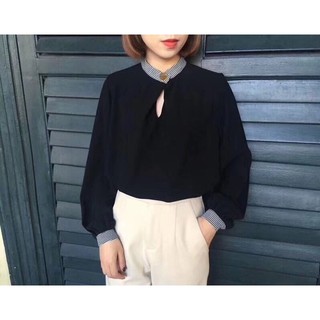Áo sơ mi voan cổ phối cách điệu giọt nước, thời trang