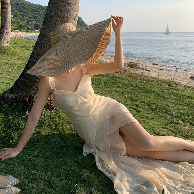 Đầm Dài Xẻ Tà Phối Bèo Phong Cách Retro Pháp Cho Nữ